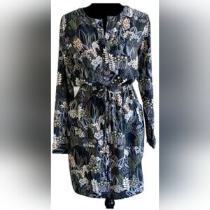 Ann Taylor Floral Leaf Print Button V-Neck Long Sleeve Dress With Pockets